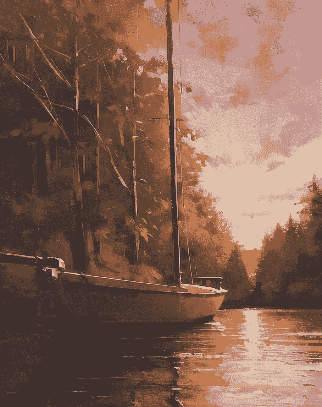 A Boat in sunset near a forent in risikesh