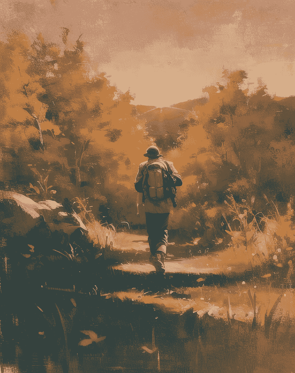 A man walking through a path through the mountain with trekking kit to do yoga